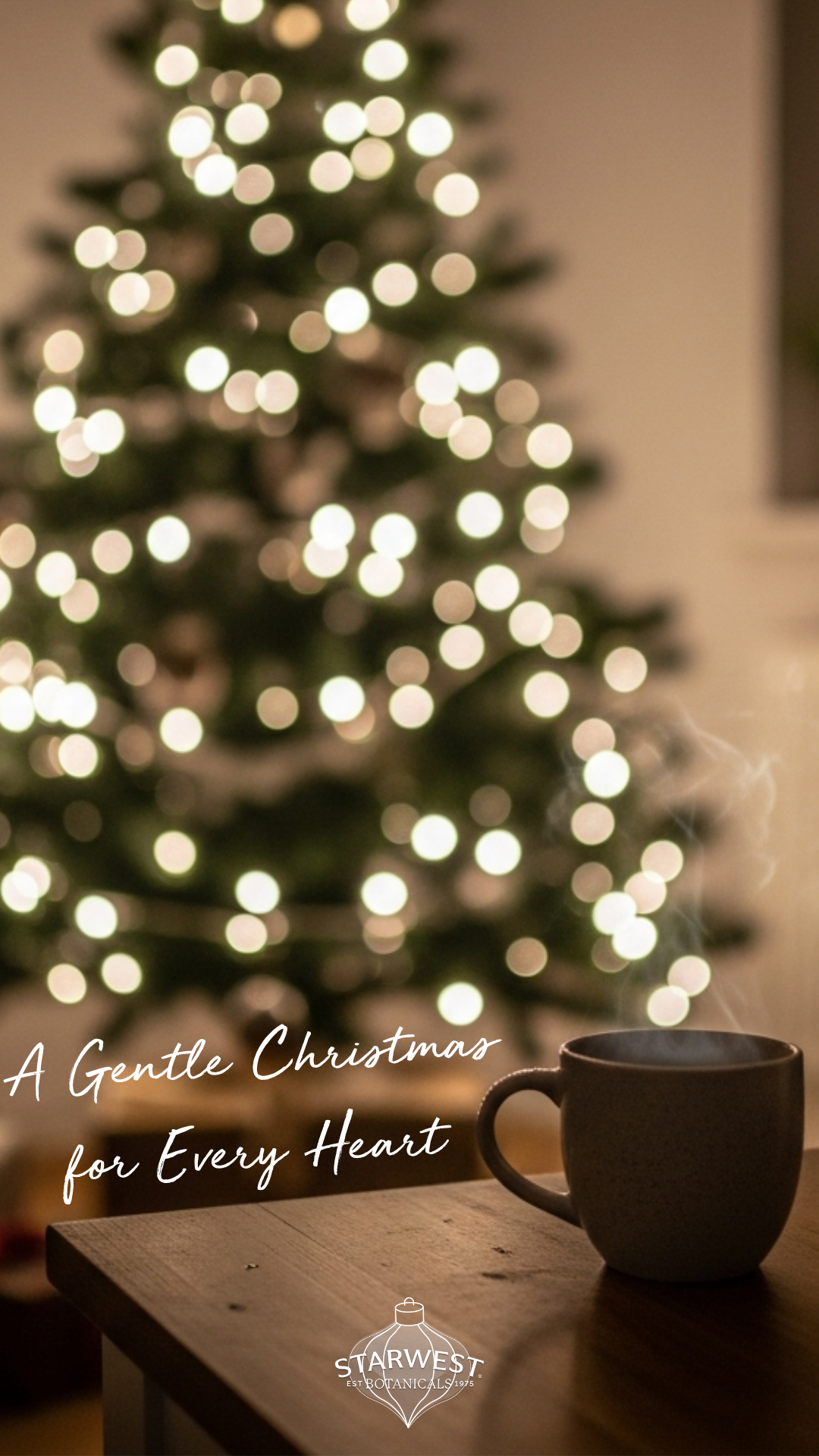 a background of a Christmas tree with a cup of tea upfront. 