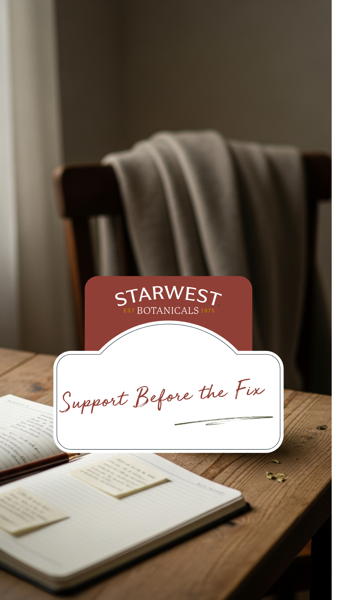 Wooden table with an open notebook, pen, and small herbs scattered nearby. A chair with a folded sweater sits in the background. A Starwest Botanicals graphic overlay reads “Support Before the Fix.”